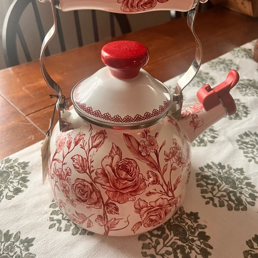 The Pioneer Woman Red Floral Enamel Tea Kettle